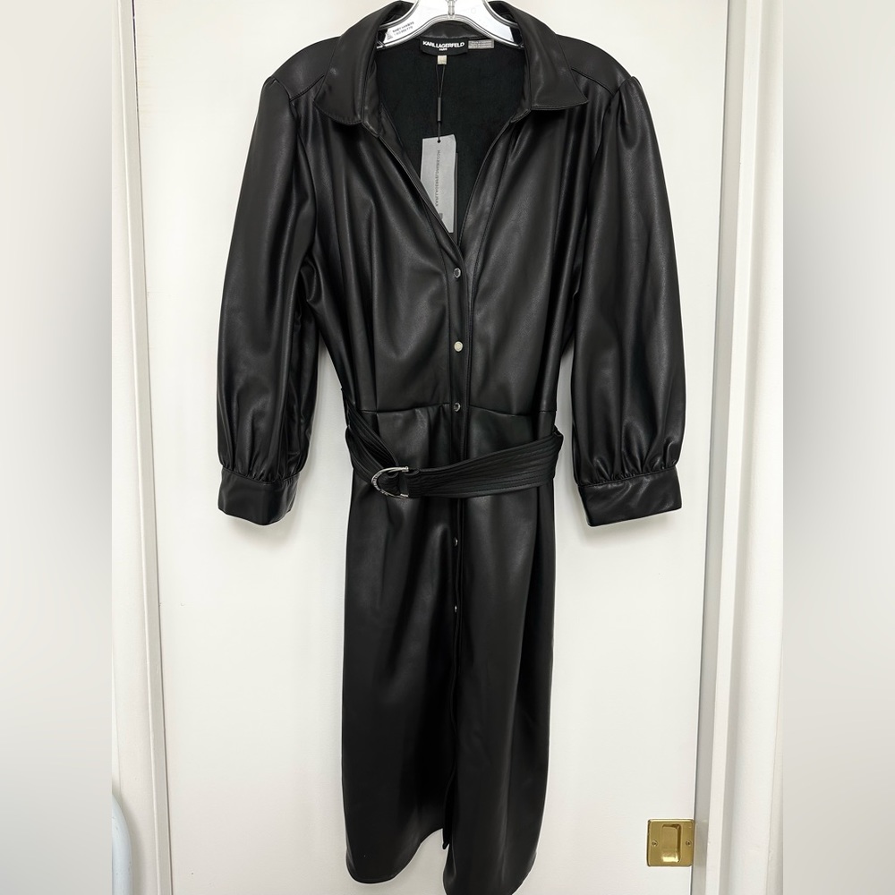 Karl Lagerfeld Black Faux leather belted dress, knee length. Size 14. NWT
